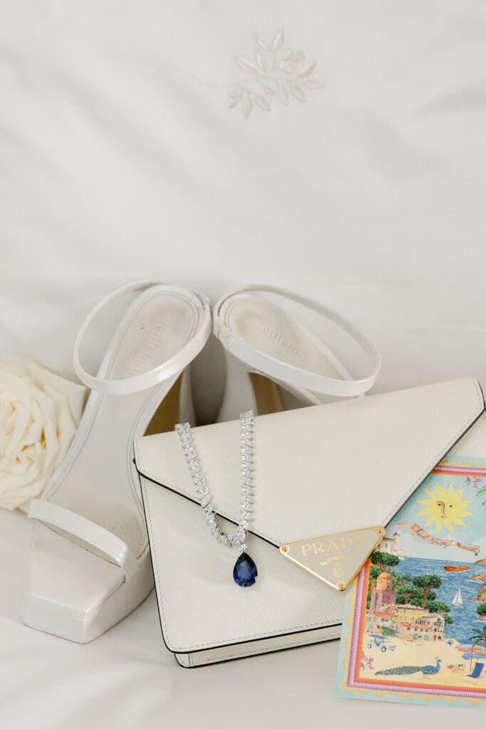 Bridal accessories and wedding gown at luxury wedding in Saint-Tropez at Airelles La Messardière.