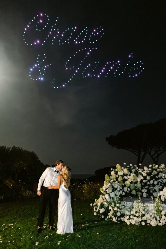 Romantic drone show during luxury destination wedding at Airelles Saint-Tropez.
