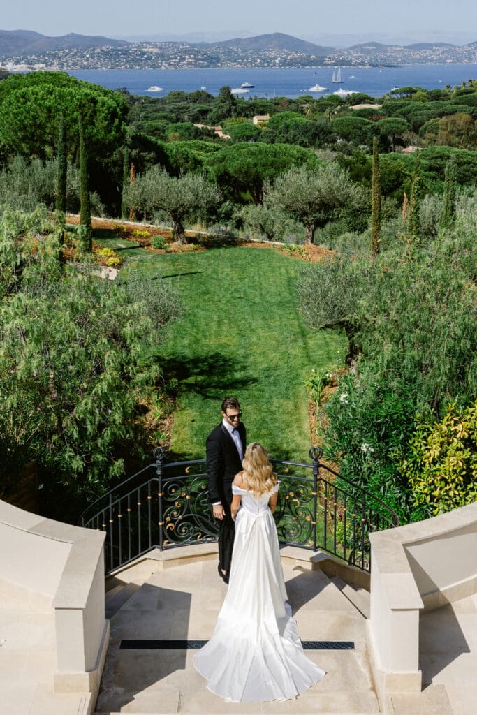 Fashion editorial bride & groom portrait before destination wedding at Airelles La Messardière in Saint-Tropez.