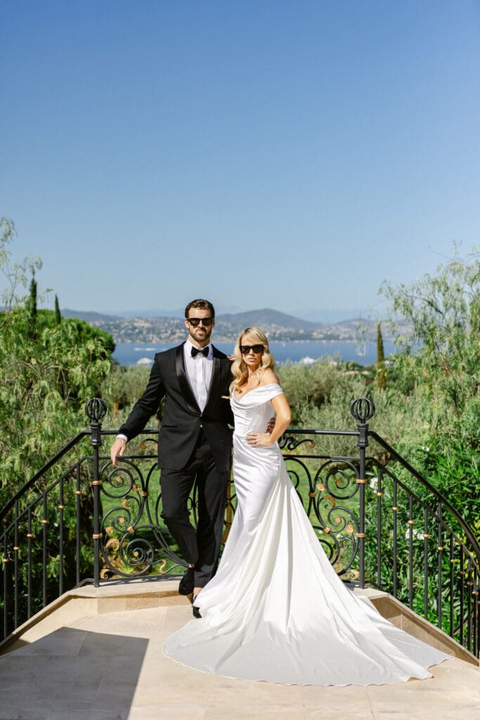 Flash-style editorial couple portrait during luxury wedding at Airelles Saint-Tropez in the South of France.