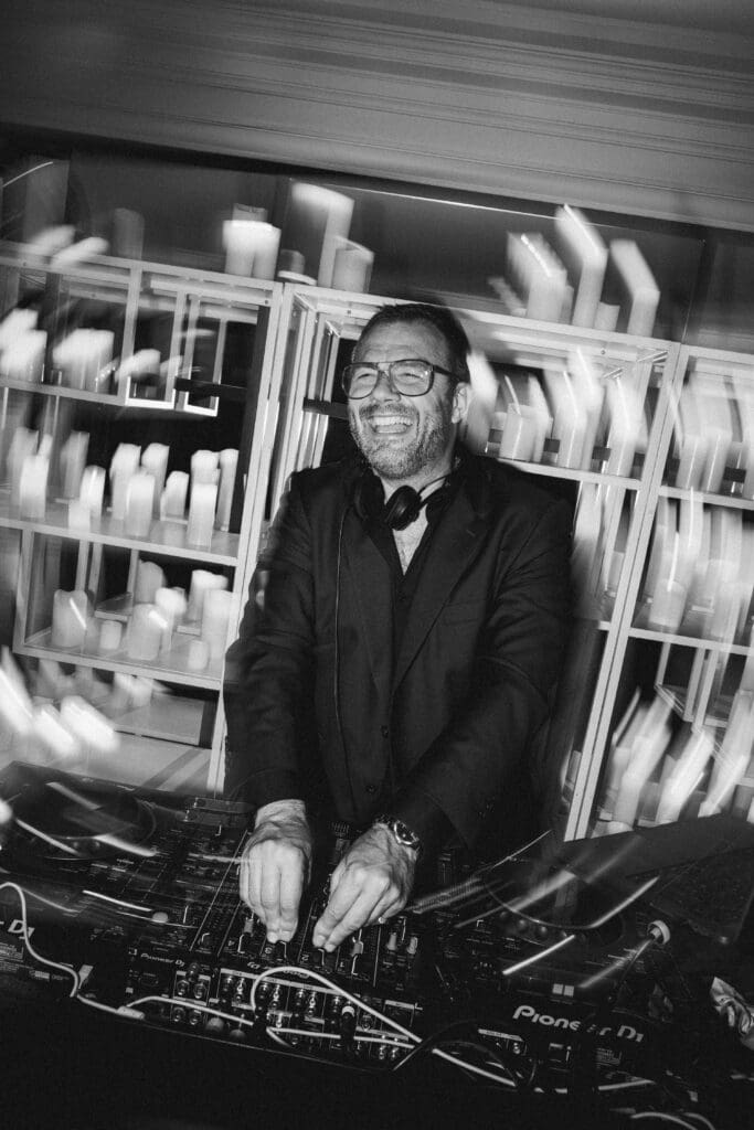 DJ setting the mood for luxury wedding party at Airelles La Messardière in Saint-Tropez.