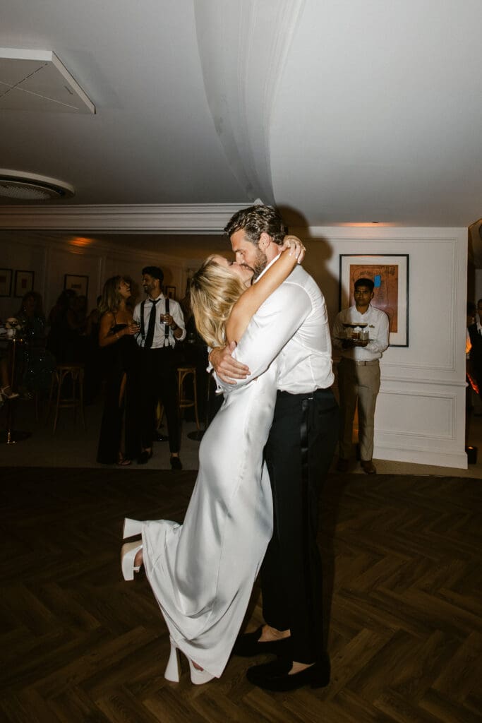 Bride and groom share romantic first dance at luxury wedding in Saint-Tropez.