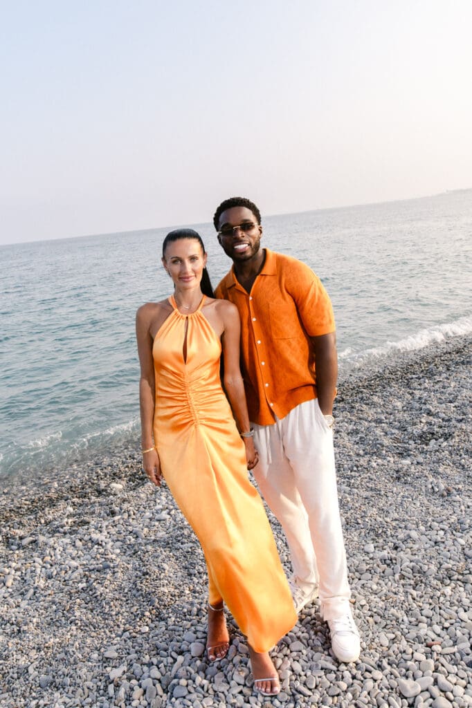 Bride and groom at welcome dinner Boccamar Nice before Mont Leuze wedding — Marion Pinel photographer