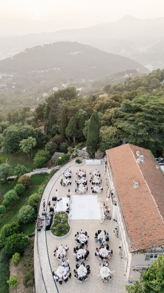 Aerial drone view of Domaine du Mont Leuze wedding reception overlooking Saint-Jean-Cap-Ferrat — Marion Pinel