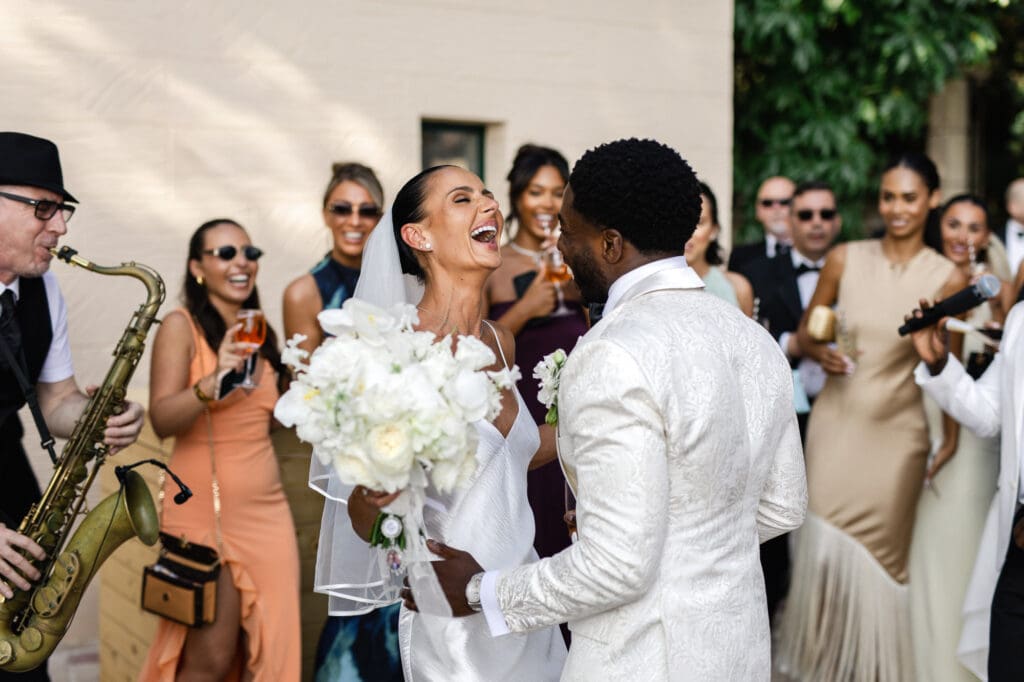 Bride and groom dancing entrance to wedding reception at Domaine du Mont Leuze French Riviera — Marion Pinel