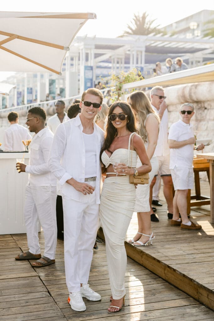 Couple portrait at Boccamar Nice welcome dinner the evening before their Mont Leuze wedding — Marion Pinel